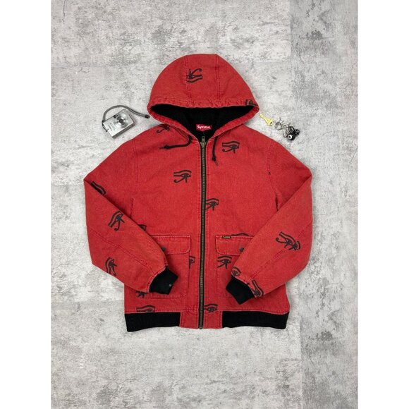 Supreme Eye of Horus Red Denim Work Streetwear Hype Hoodie Jacket - Picture 2 of 6